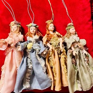 Set of Four Vintage Style Porcelain Ornaments Dolls